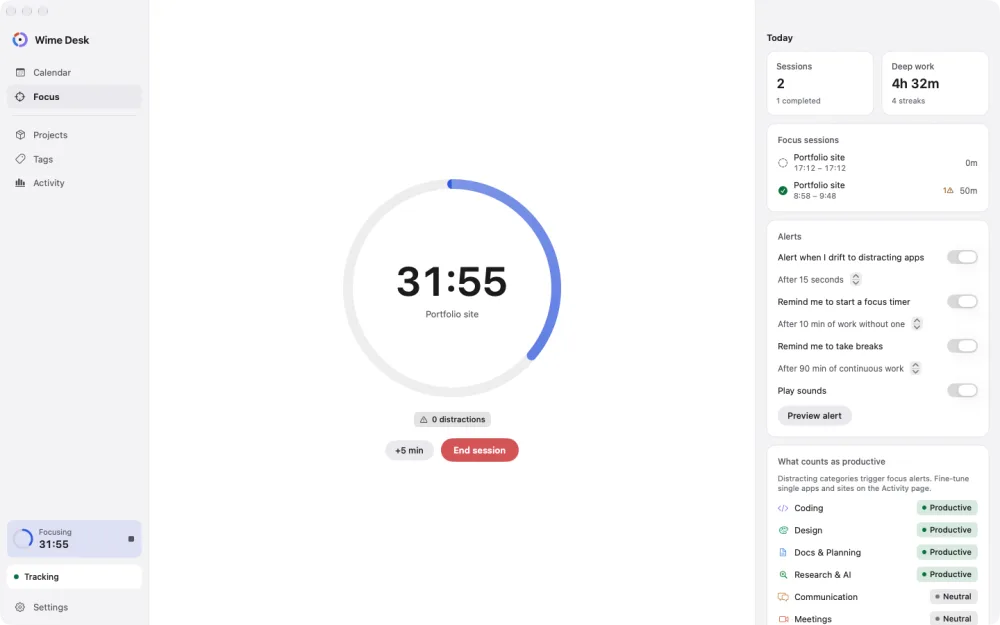 A focus timer that notices when you drift