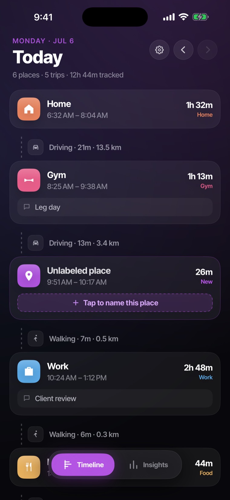 Wime timeline showing places visited through the day